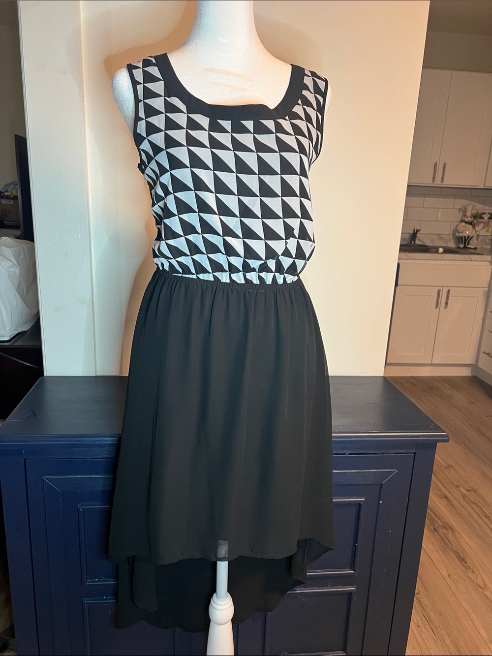 Blu Pepper Black & White Geometric High-Low Dress